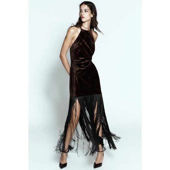 ZARA VELVET FRINGED MIDI DRESS - Picture 2 of 11